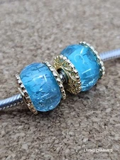 2 X Authentic Blue Glitter Gold Core European Murano Spacer Charm Beads Lot