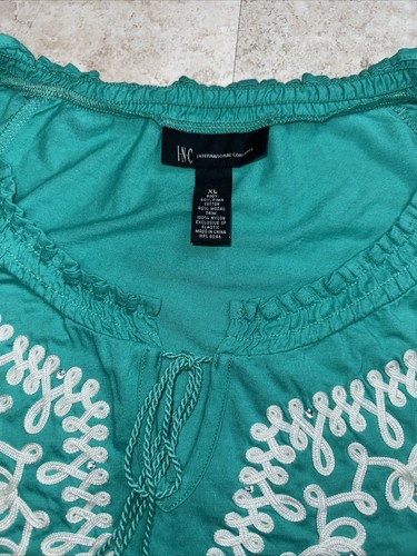 INC Damen XL türkisweiße Bluse bestickt Strass Quasten Design Top - Bild 4 von 9