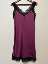 Romantic Deep Purple Lace Trim V-Neck Nightie Slip Dress, Open Tie Back, Size XL