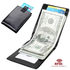 Mens RFID Blocking Real Leather Slim Wallet Money Clip Credit Card Slots Holder