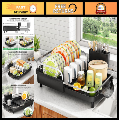 Expandable Dish Drying Rack - Rust-Resistant Kitchen Organizer with Utensil Hold