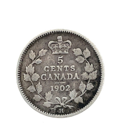 1902 H Large H  CANADA 5 Cents VF. Edward VII 0.925 Silver Coin KM #2