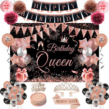 Happy Birthday Party Decorations for Women Girls Black Rose Gold Birthday Part
