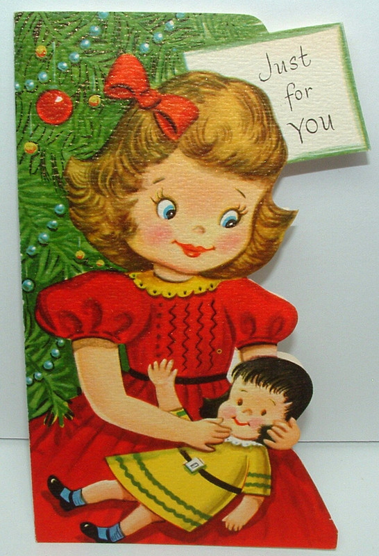 UNUSED - Girl with a Doll - 1950's Vintage Christmas Greeting Card