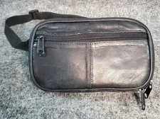 Vintage Mundi Leather Wallet Black Clutch Zipper Pockets Small Strap