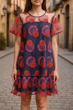 Trina Turk Embroidered Dress SZ 10 Ruffle Whimsy Fairy Twee Mesh