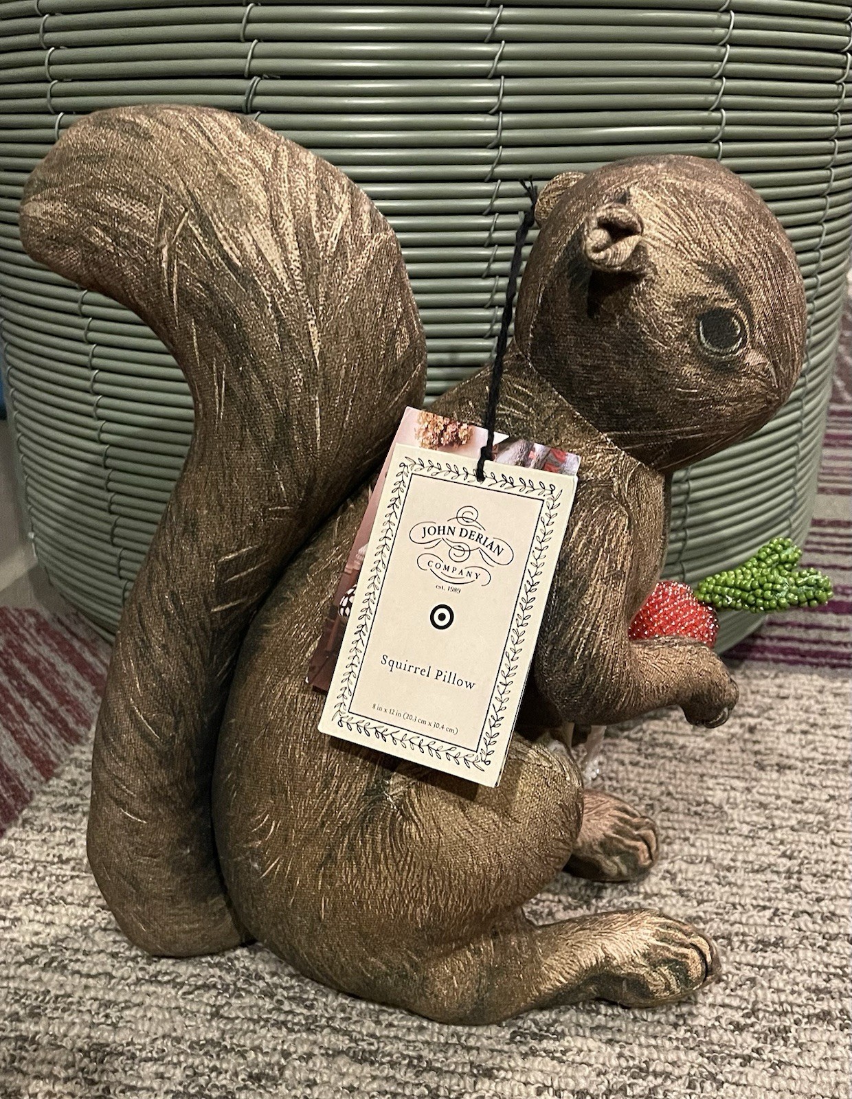 John Derian Target Thanksgiving Plush 11” Squirrel Holding Radish Pillow NEW HTF