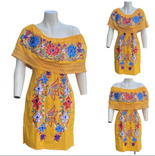 Traditional Mexican Yellow On Off Shoulder Floral Embroidered Dress Small New