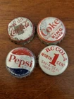 4 Vintage Cork Lined Soda Pop Bottle Caps Pepsi, RC Cola, Coke, Coca-Cola (E)