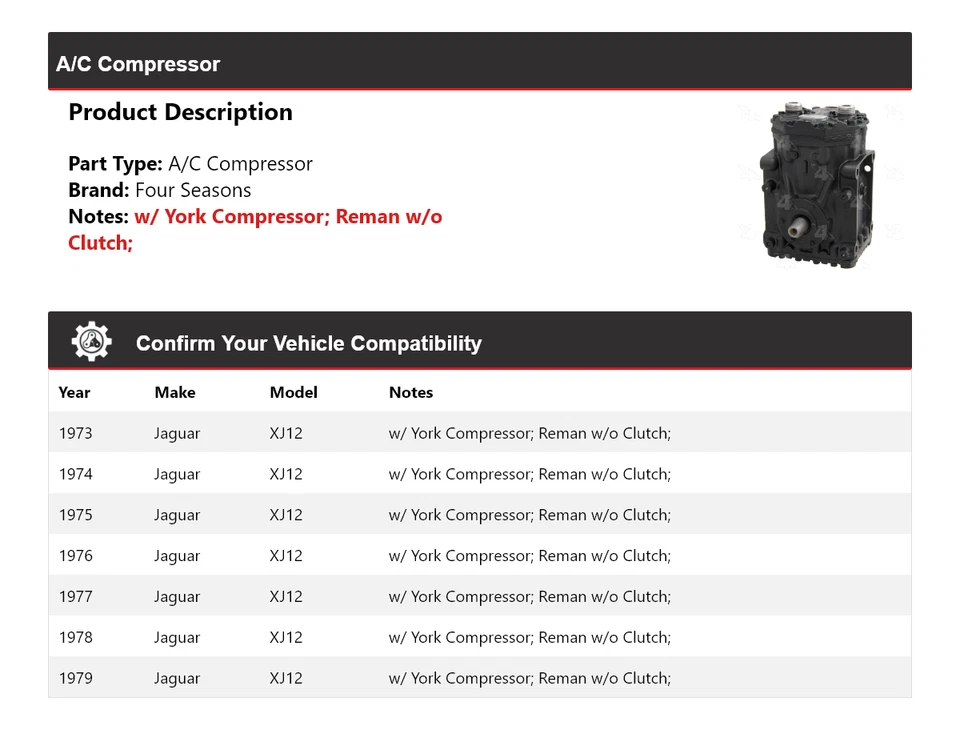 Compresor de aire acondicionado para Jaguar XJ12 1973-1979 4 estaciones 1974 1975 1976 1977 1978 Foto 2 de 4