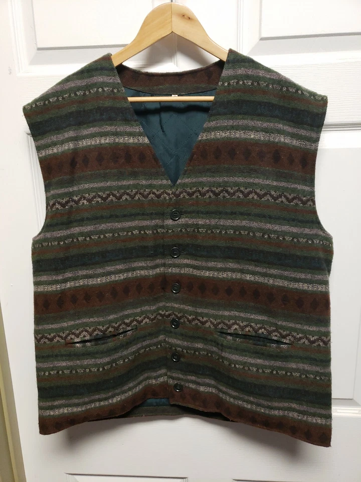 Vintage Rafio Mens Wool Vest Size 46 Brown Green Black Stripe Button Down - Image 2 of 4