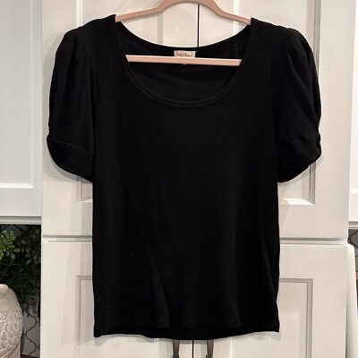 Hem & Thread Womens Puff Sleeve Scoop Neck Top Tee Blouse Size L Black Ribbed
