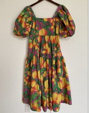 $230 FARM RIO Pufffed Sleeves Orange Sunset Tropical Midi Dress NWT Sz XS RARE