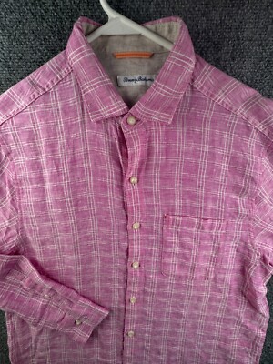 Tommy Bahama All Linen Pink Plaid Long Sleeve Button Up Shirt Medium Beach Men