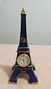 Limoges Eiffell Tower Porcelain Table Clock 22K Gold Blue France Vintage