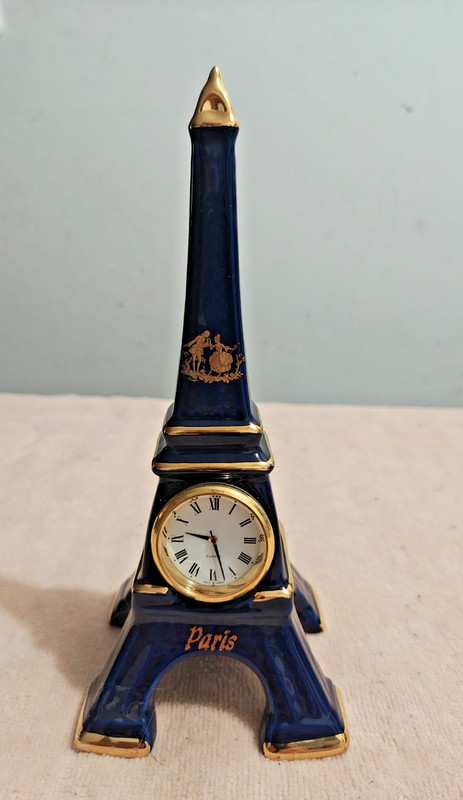 Limoges Eiffell Tower Porcelain Table Clock 22K Gold Blue France Vintage