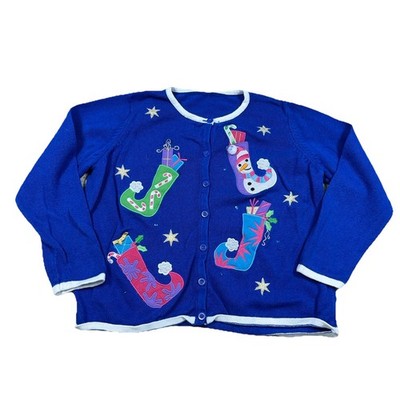 Christmas Cardigan Sweater Women Large Blue Stockings Snowman Knit Grandma Ugly