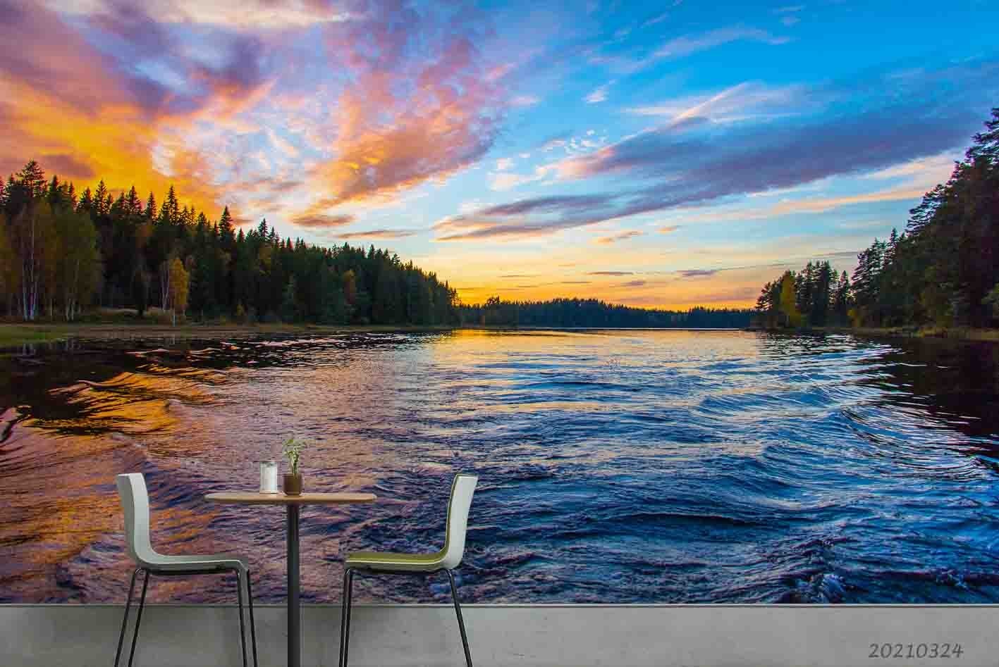 3D Sky Forest River Sunset Landscape Wall Murals Wallpaper Murals Wall Sticker