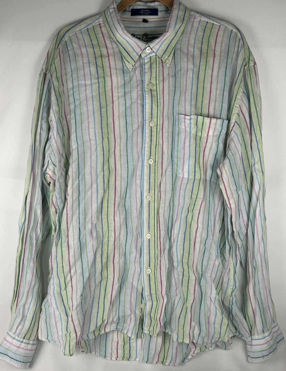Alan Flusser 100% Linen Striped Long Sleeve Shirt Mens XXL Lightweight Button Up