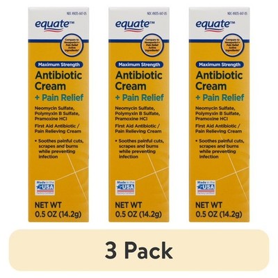 3 pack Equate Max Strength Antibiotic Cream + Pain Relief 0.5oz 3 Pack First Aid