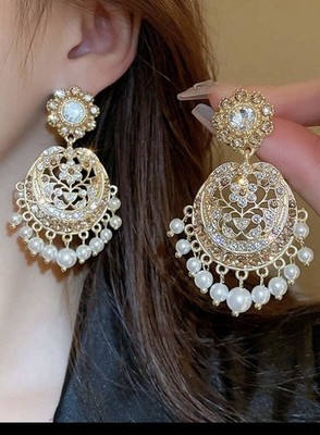 topshiny 1pair Korean Vintage Palace Style Rhinestone Tassel Pearl Round Earring