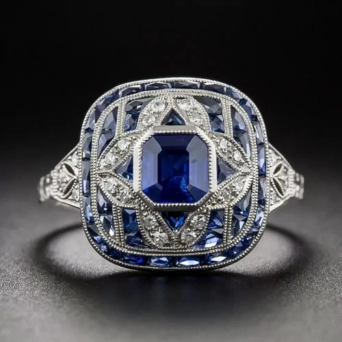 Art Deco Emerald Cut Sapphire & Lab Created Diamond 925 Silver Anniversary Ring