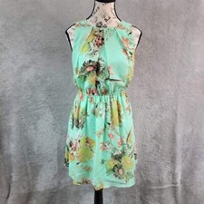 Forever 21 Dress Womens Small Green Floral Fit Flare Lined Sleeveless Ruched