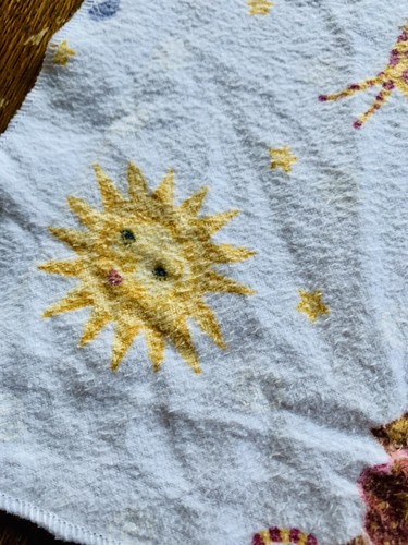 Vintage Baby Receiving Blanket Noah’s Ark Teal Elephants Stars Moons Sun - Picture 4 of 8