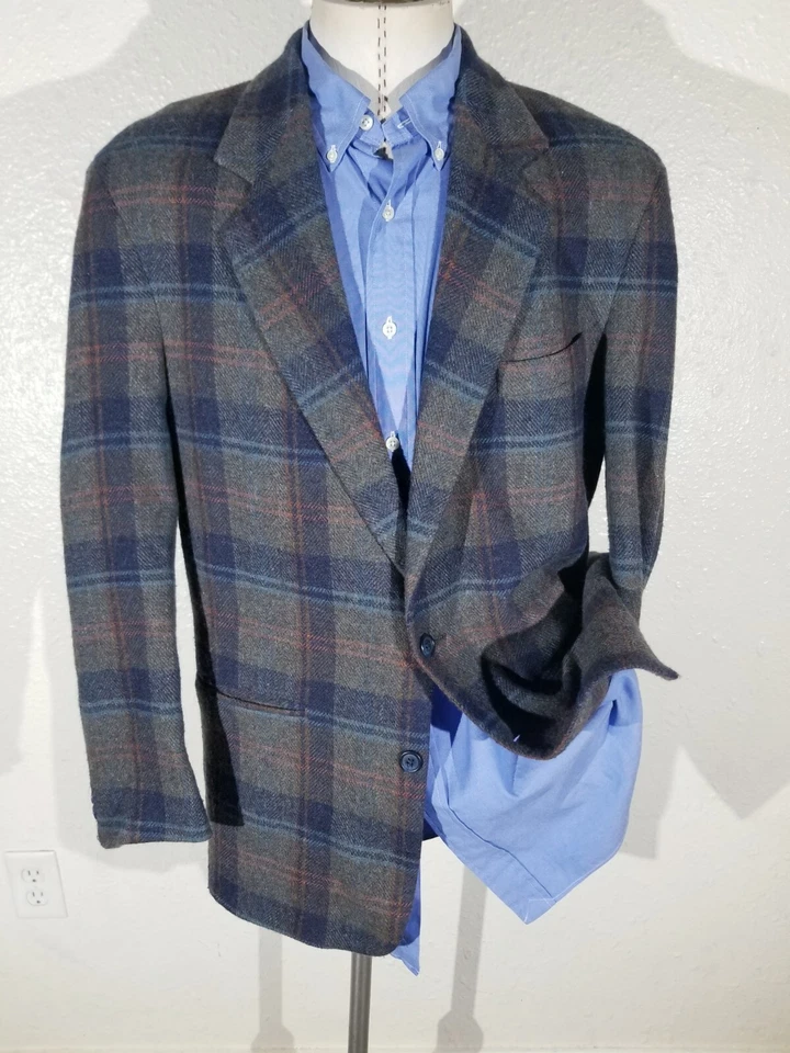 Chaqueta Blazer Abrigo Deportivo 40R Vintage Naranja Verde Tartán Lana Tweed Cuadros Foto 3 de 4