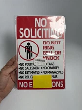 Metal Tin No Soliciting House Warning Sign 12” X 8” Do Not Ring Bell Or Knock