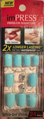 Impress Gel Manicure Press on Nails Short Aqua blue w/ jewel crown gem