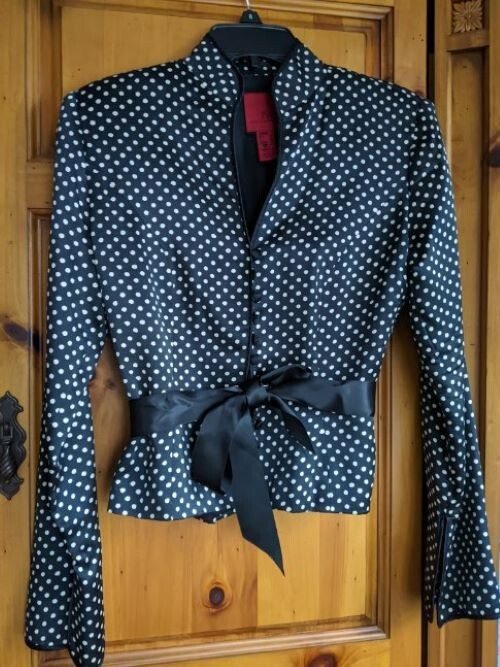 JS Collection Jacket silk blend Mandarin Style Collar Lined black polka dot Sz 8