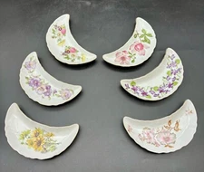 Lot of 6 Vintage 1930's Various Floral Crescent Moon Porcelain Bone Plate Dishes