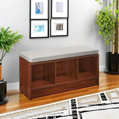 Compact Dark Cherry Storage Bench with Gray Cushion - 3 Cubes for Organization - Picture 8 of 12