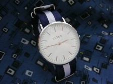 Clyde Minimalistic Mens Dress watch Silver Case NATO Navy White nylon strap USA