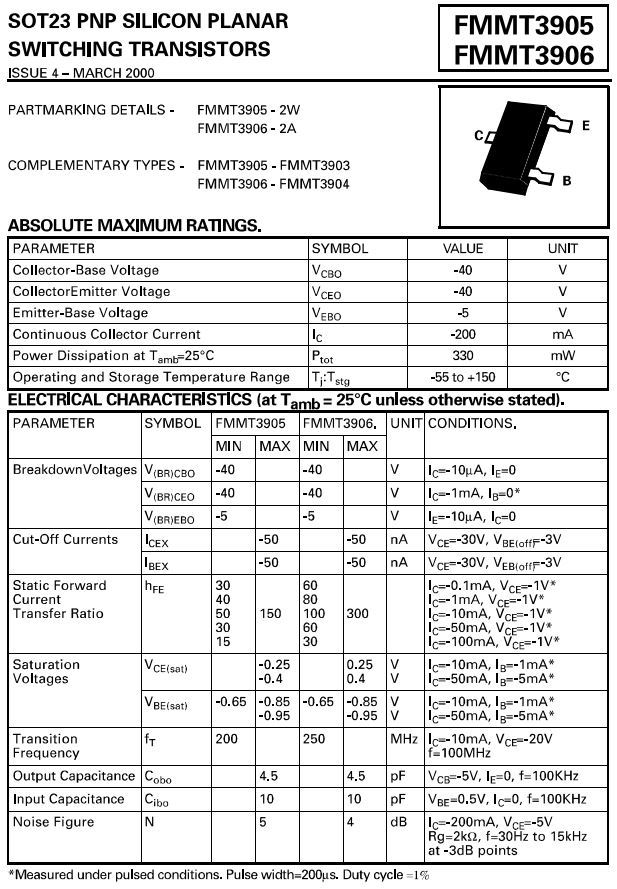 FMMT3906 SOT-23 SMD, 2N3906 type, PNP Transistor 40V 200mA - 200 pcs ...