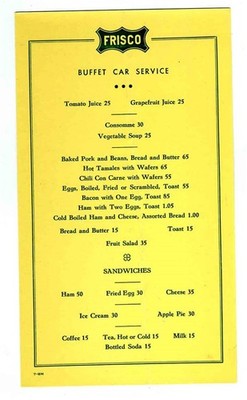 St. Louis San Francisco Railway Buffet Car Service Menu FRISCO 1950's
