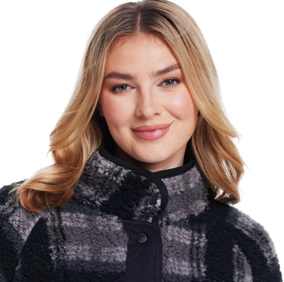 NWT~Weatherproof Snap Button Bonded Sherpa Fleece Jacket Charcoal Plaid Large - Image 3 of 4