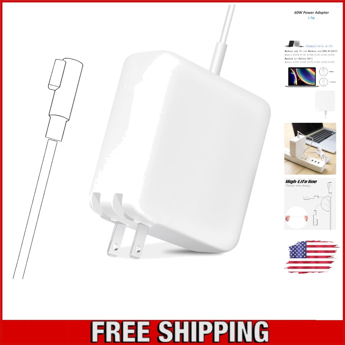 60W L-Tip Power Adapter for MacBook Pro 13'' - Travel-Ready, Safe