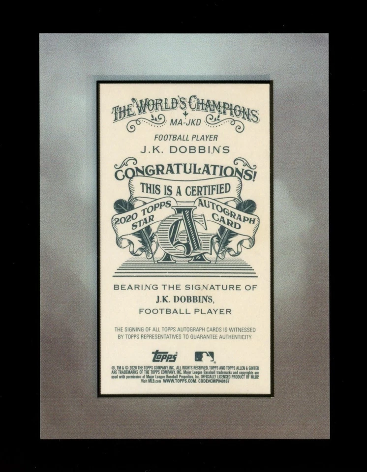 2020 Topps Allen & Ginter Framed Mini J.K. DOBBINS RC/Rookie on Card Auto #1/20 - Image 3 of 4