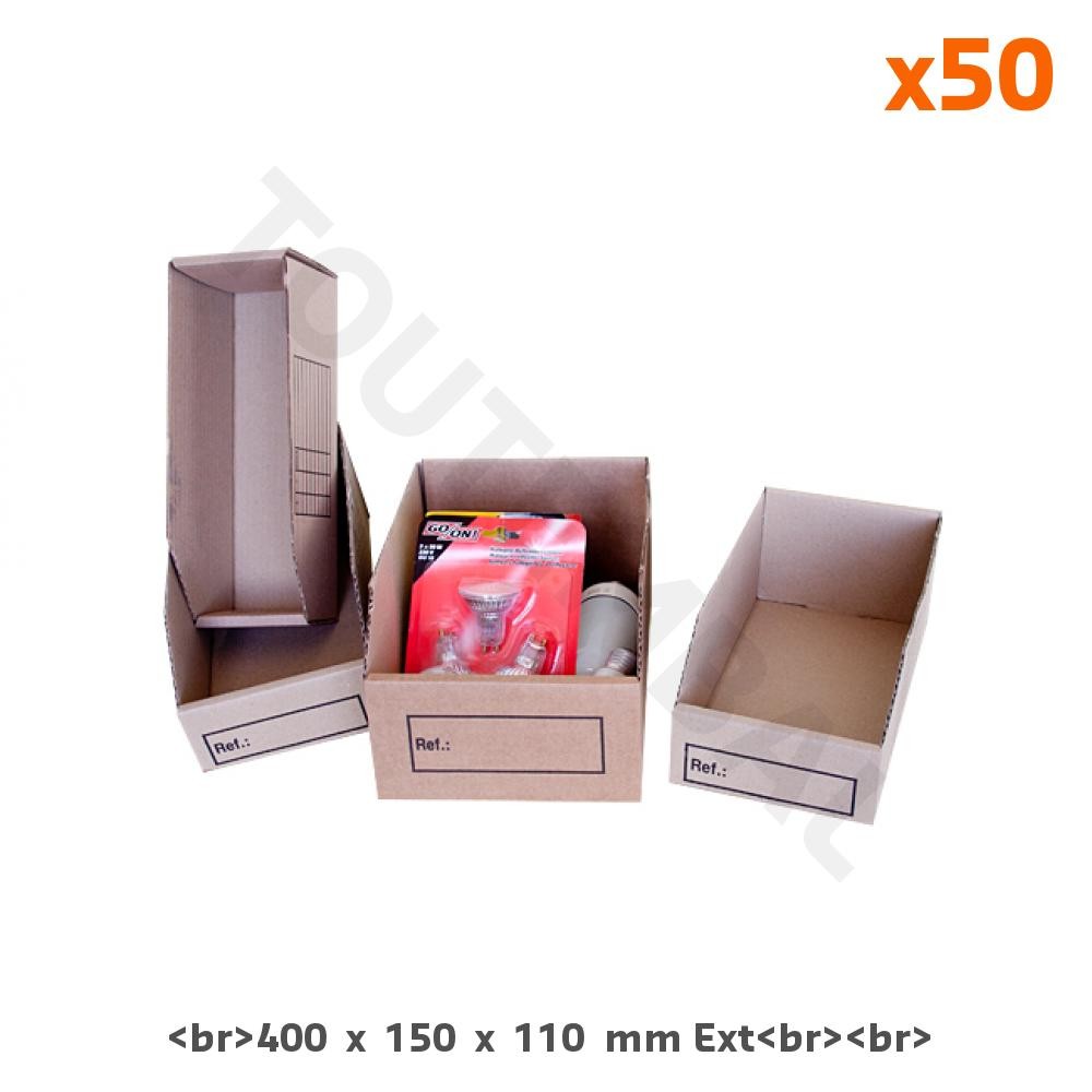 Bac de stockage à bec en carton 400x150x110 mm pour rayonnage lot de 50