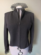St John Evening Jacket Blazer Black Knit Zip Removable Lace Collar Beaded  Sz 16