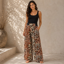 Leopard Print Stretchy Fashion Palazzo Wide Leg Long Pants