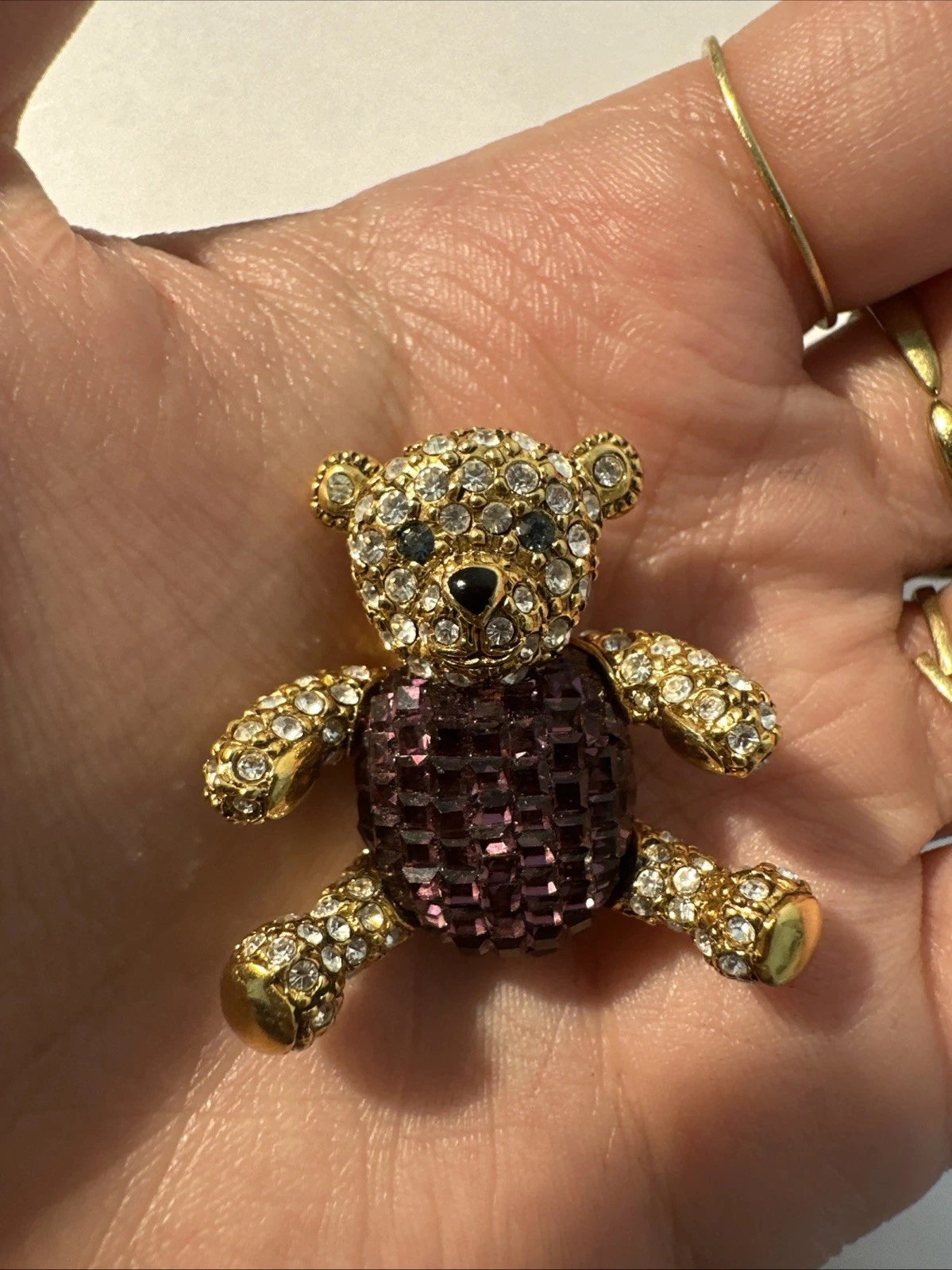 Petite Broche Ours Membres Amovibles Strass Blanc Et Violet Bijoux Fantaisie