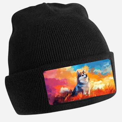Black Beanie Hat with Cool Pomsky Dog Motif - Unisex Cap, Cotton