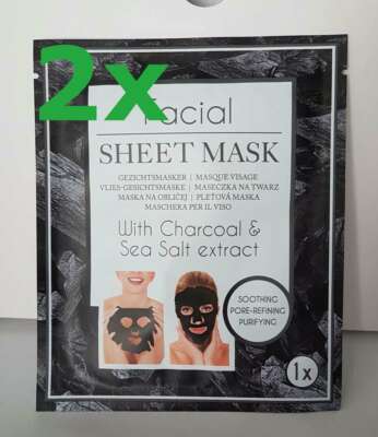2 x Gesichtsmaske mit Kohle und Meersalz, Facial Sheet Mask Tuch Maske 