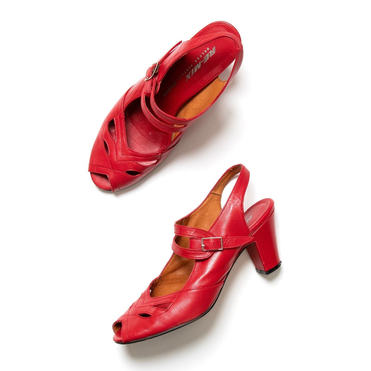 Modern 1930s Style Shoes RE-MIX Anita Red Leather Heels Peep Toe Strappy  Sandals