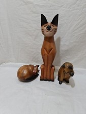 Wooden hand carved & hand painted cats  38 CM Tall Decorative Wood + 2 smaller