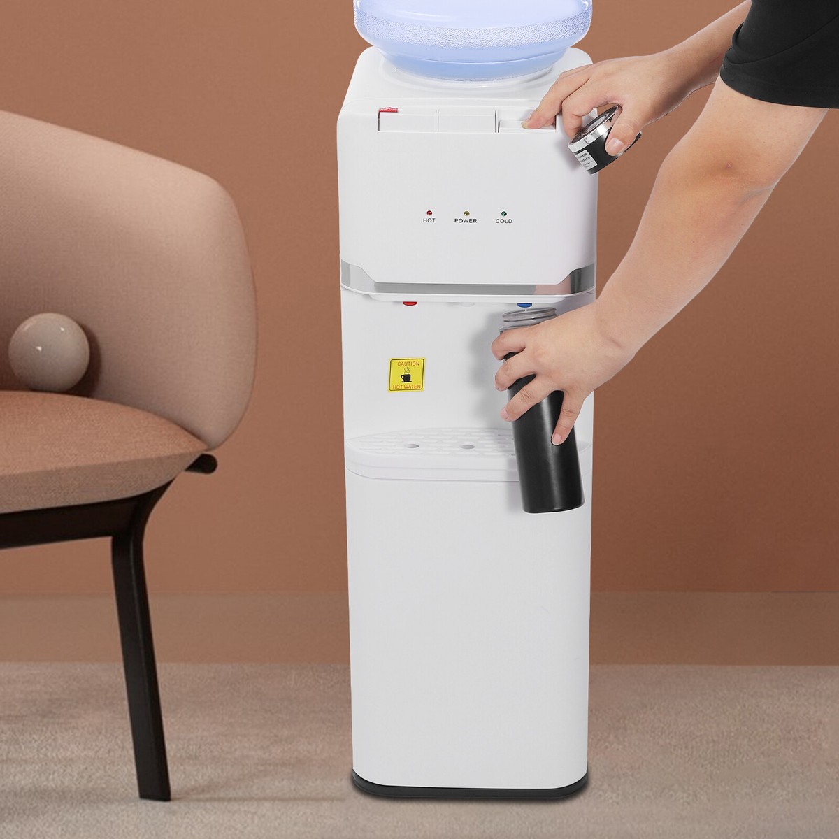 Top Load Hot & Cold Water Dispenser For 5 Gallon Bottles - With Child Safety Lock & Storage Cabinet, White