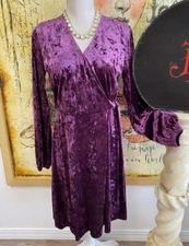 H Halston Purple XS Crushed Velvet Faux Wrap Knee-Length Dress Blouson Slv New